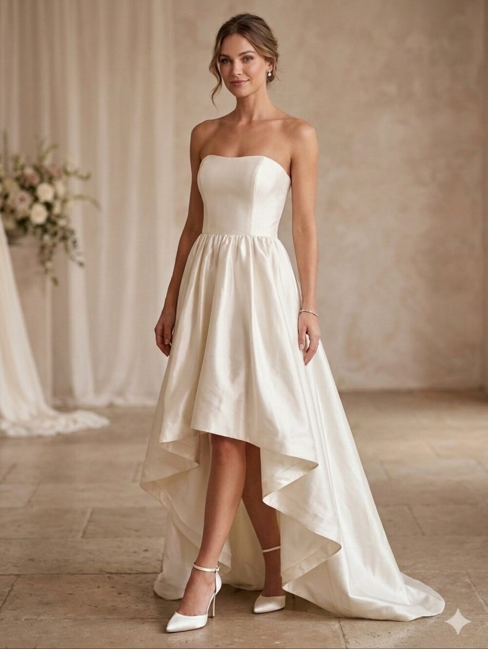 DB Studio Ivory Satin High-Low Formal Dress for Women